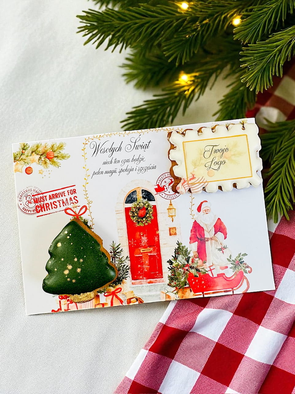 Kartka świąteczna z pierniczkami, lukier królewski, personalizowany prezent na święta