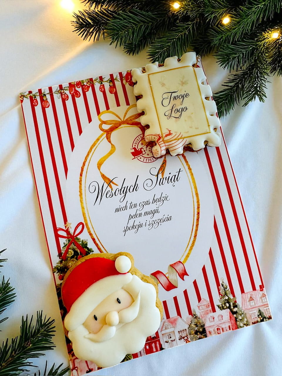 Kartka świąteczna z pierniczkami, lukier królewski, personalizowany prezent na święta