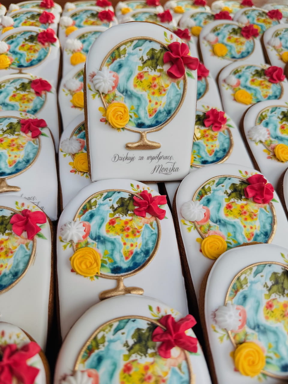Piernik personalizowany dekorowany lukrem królewskim, globus słodkie dziękuję
