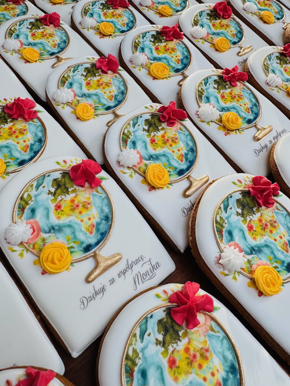 Piernik personalizowany dekorowany lukrem królewskim, globus słodkie dziękuję