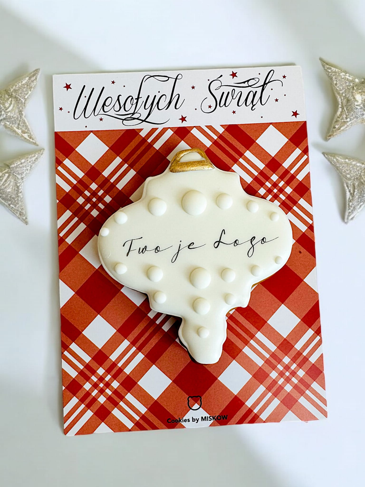 sopel świąteczny z piernika na kartoniku z logo